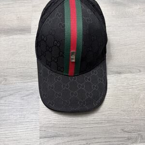 Gucci GG Canvas Baseball Cap Web Stripe Adjustable Hat Hook & Loop Black Medium